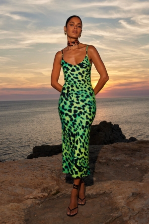 Sienna Midmaxi Slip Dress in Lime Leopard