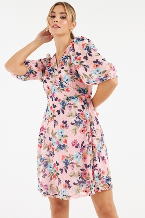 Faye Floral Texture Chiffon Mini Wrap-Dress