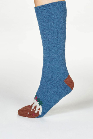 Ella Fuzzy Christmas Pudding Socks in Blue Slate