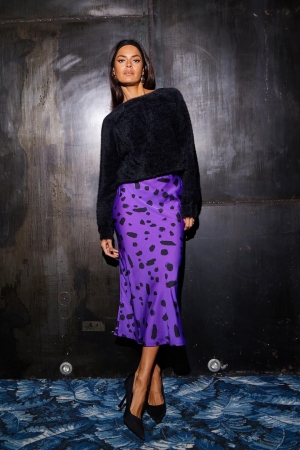 Renzo Satin Skirt in Abstract Dot Black on Purple