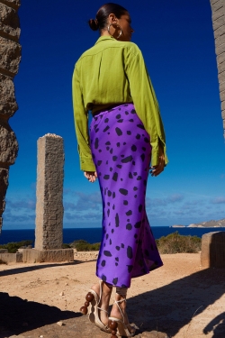 Renzo Satin Skirt in Abstract Dot Black on Purple