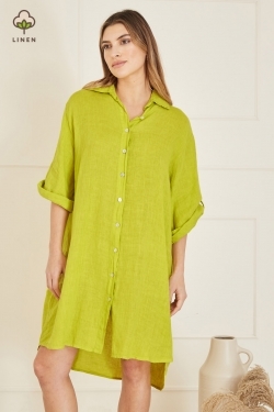 Italian Washed Linen Long Shirt in Lime Green